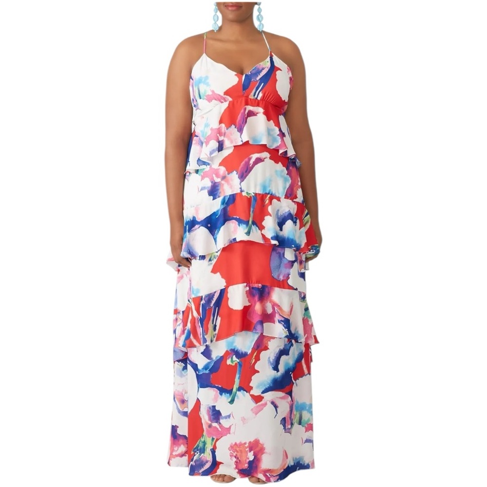 Josie by Natori Salsa Red Low Back Floral Maxi Dress size 16 Ruffles Tiered
